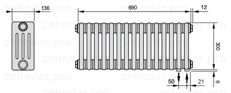 Схема (чертеж) Радиатор Zehnder Charleston 4030/15 №5510 Белый глянцевый RAL 9016